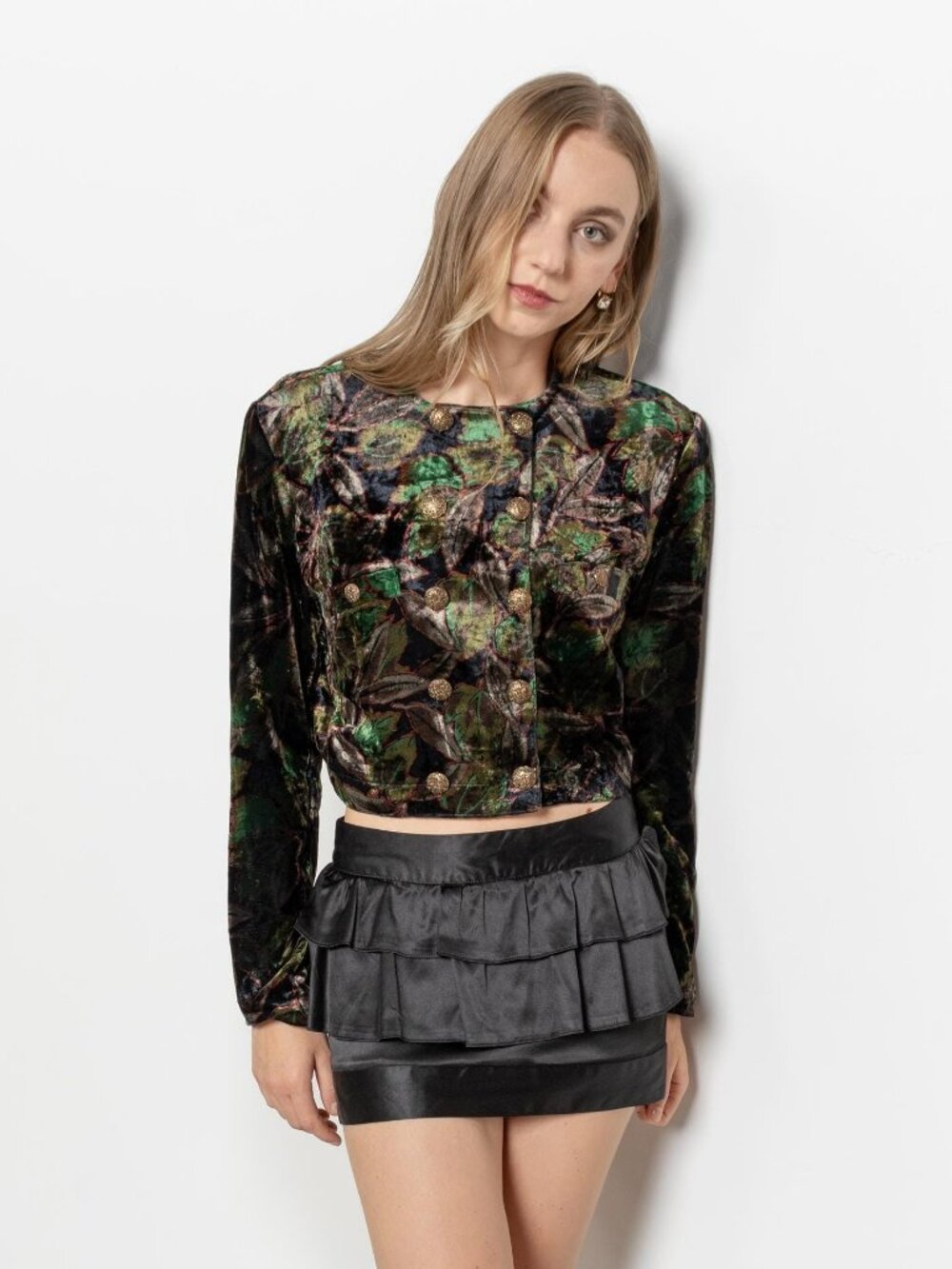 VELVET CROPPED BLAZER Double Breasted Floral Paris Vintage Jacket / Small Medium